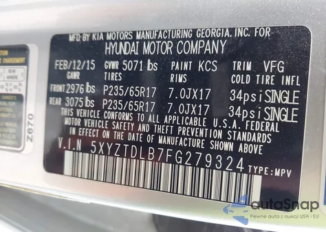 2015 Hyundai Santa Fe Sport 2.4L z USA, uszkodzony, nr VIN 5XYZTDLB7FG279324